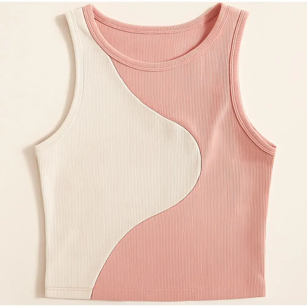 SHEIN Colorblock Ribbed Tank Top Size S Pink Cream Sleeveless Cropped Shirt - Picture 1 of 6